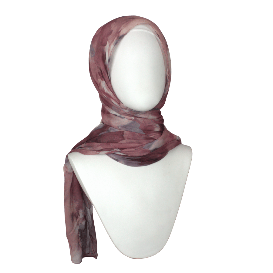 A watercolor printed bamboo modal hijab headscarf in crimson red hues, 100% bamboo ideal for all weather, work and everyday errands | Lina Zibdeh