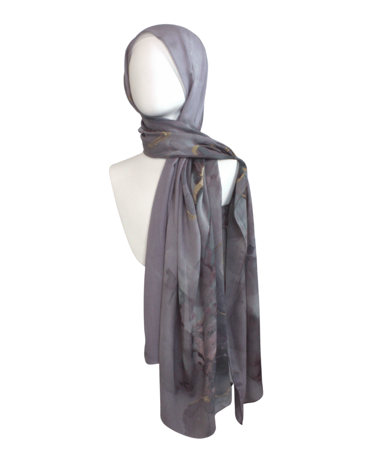 Gold and Purple mauve watercolor printed bamboo modal hijab, soft, non-slip, heat-friendly, perfect for women over 30 and 40, work, or gifting | Lina Zibdeh