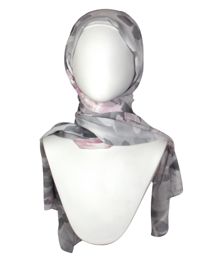 Soft draping floral hijab for polished and refined look, grey and rose pink | Lina Zibdeh