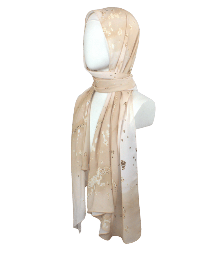 Designer neutral printed hijab for fancy occasions and work, ideal for all skin tones. Neutral beige, mocha and brown hijab scarf | Lina Zibdeh
