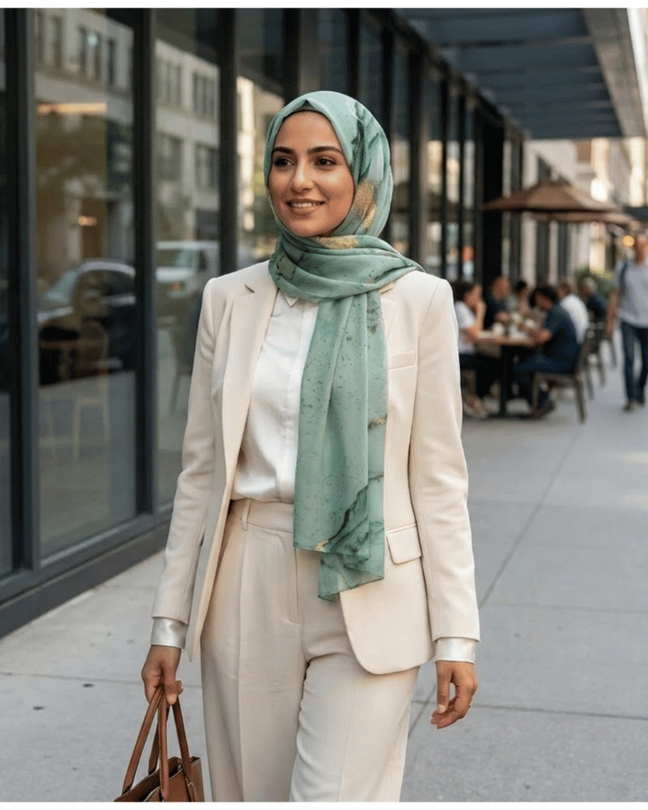 Woman in a beige suit and green hijab designed by Lina Zibdeh The Joy of Hijab standing on a city street.