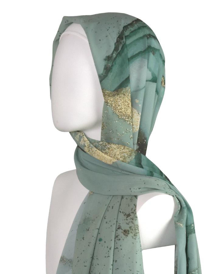 Hijab scraf in green and metallic gold for special occasions