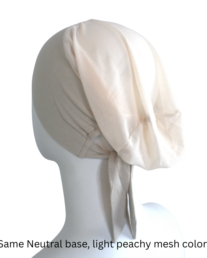 Back view of our everyday comfortable adjustable tie back mesh bonnet, ideal for all types of hair and weather | Lina Zibdeh