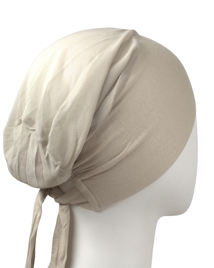 lightweight comfortable and adjustable mesh tie back hijab cap in neutral everyday color | Lina Zibeh