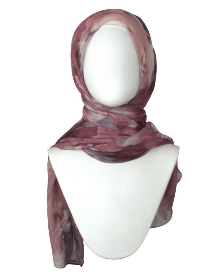 Red hues printed bamboo modal hijab in maroon and mauve hues, watercolor patterned red hijab for everyday, work and chic outings. non-slip, lightweight and breathable designer hijab | Lina Zibdeh