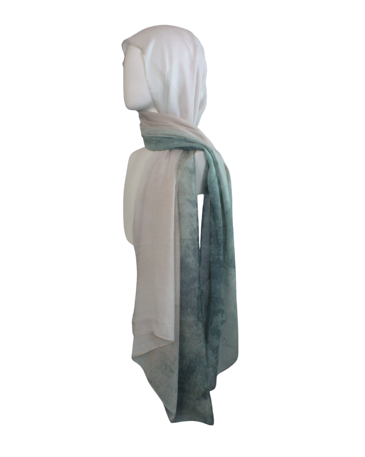 Side view of designer ombre beige teal bamboo modal hijab, premium quality modal hijab scarf for work and everyday, muslim gifts for her | Lina Zibdeh