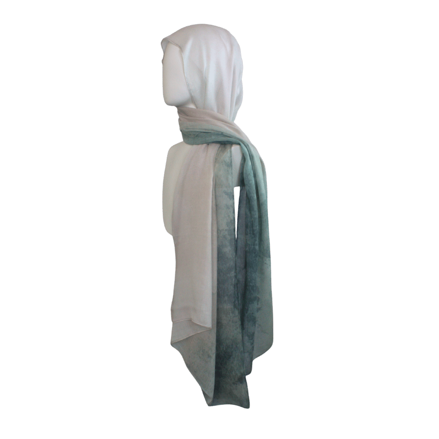 Side view of designer ombre beige teal bamboo modal hijab, premium quality modal hijab scarf for work and everyday, muslim gifts for her | Lina Zibdeh
