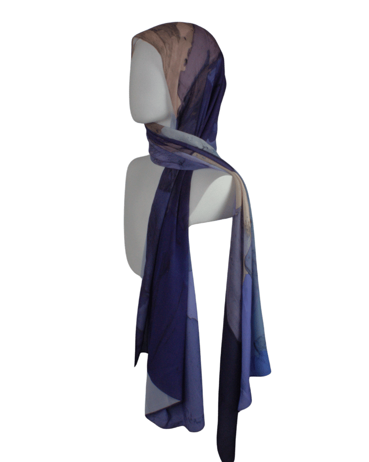Watercolor hijab scarf in purple and mauve hues, designed as a luxury hijab suitable for work and outings  | Lina Zibdeh