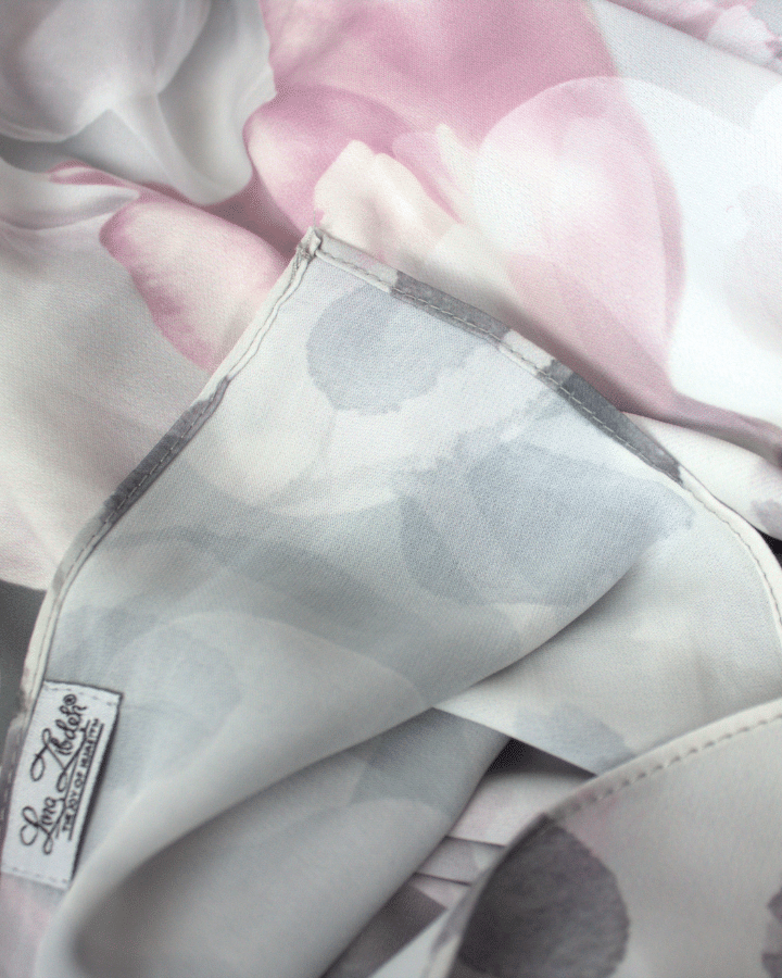 Premium grey silver and rose pink floral hijab, perfect for a chic, polished look | Lina Zibdeh