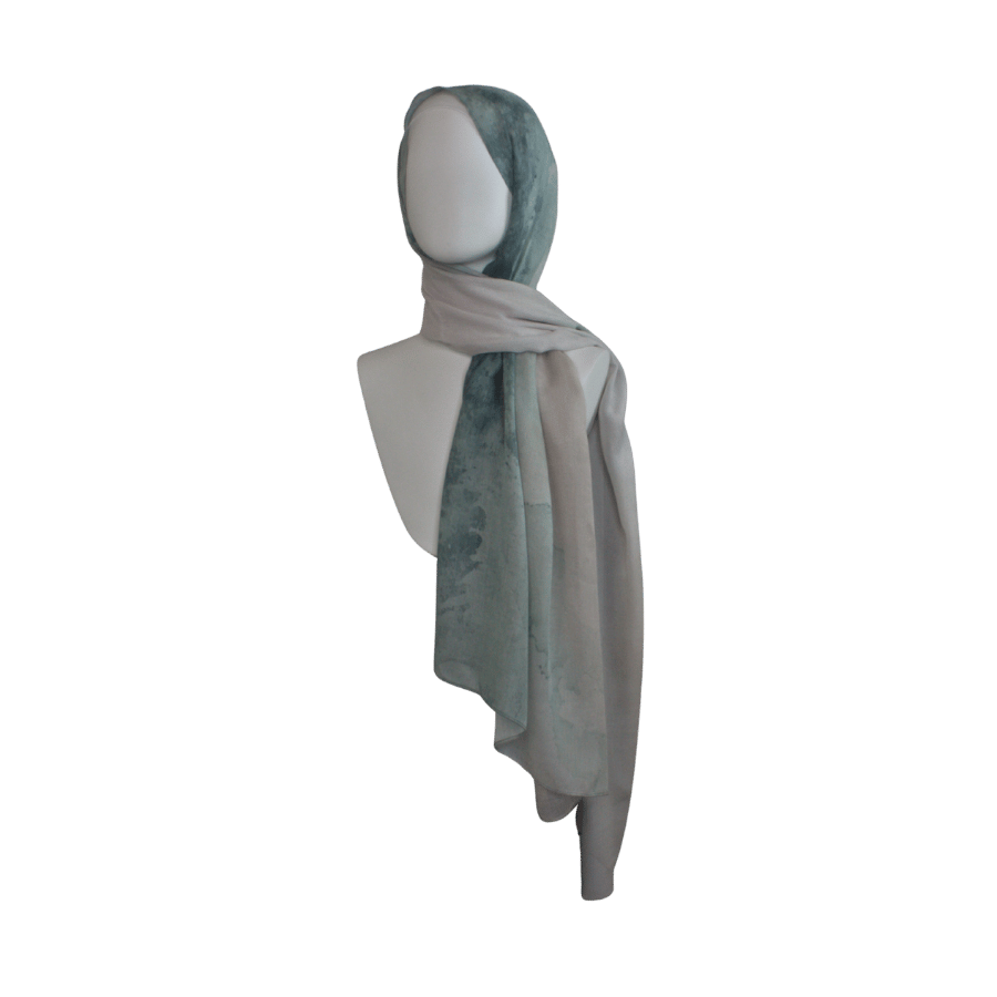 Designer printed bamboo modal hijab ombre teal beige watercolor headscarf. Ideal for working muslim women, for hot flahses, for everyday and college girls | Lina Zibdeh