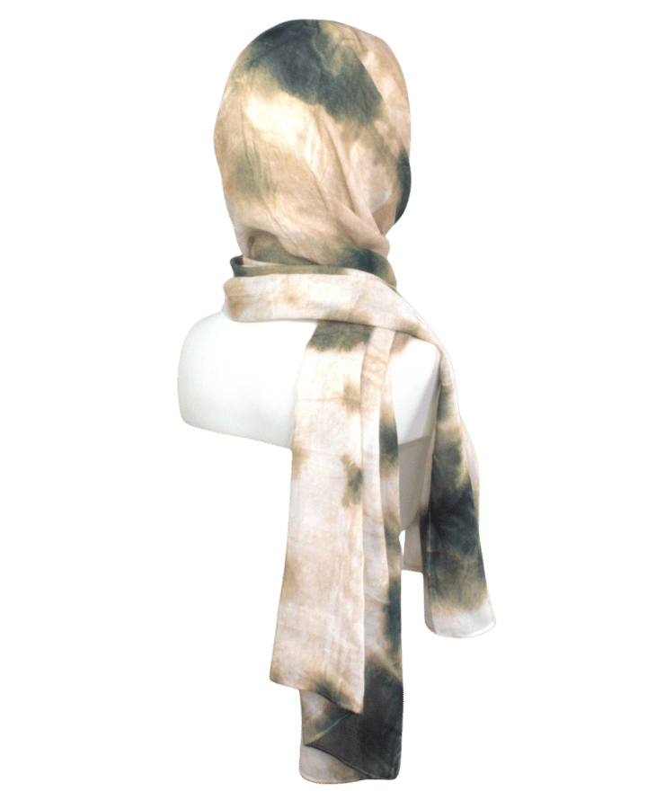 Printed bamboo modal hijab scarf in olive green and beige. A perfect hijab for the summer and hot weather. Non- slip hijab for muslim women and girls | Lina Zibdeh