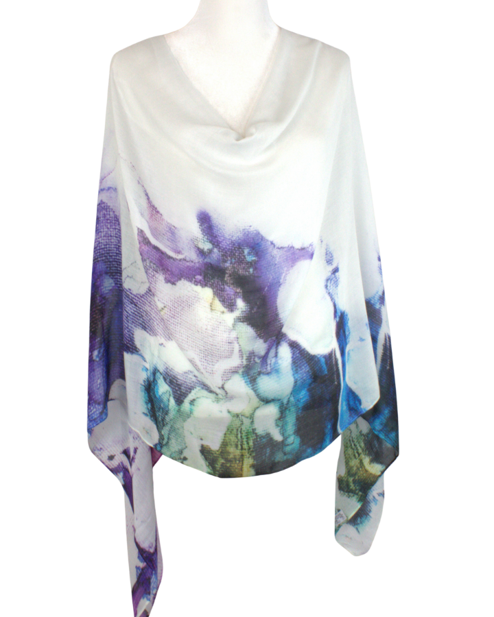 Double bordered bamboo modal hijab scarf in white and watercolor purple black strokes. Ideal for headscarf in the summer and hot weather | Lina Zibdeh