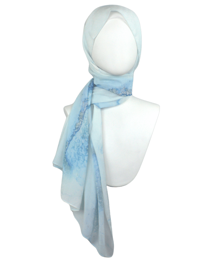 Fancy light blue designer print hijab headscarf for work and everyday. Ideal for summer and professional settings. Lina Zibdeh