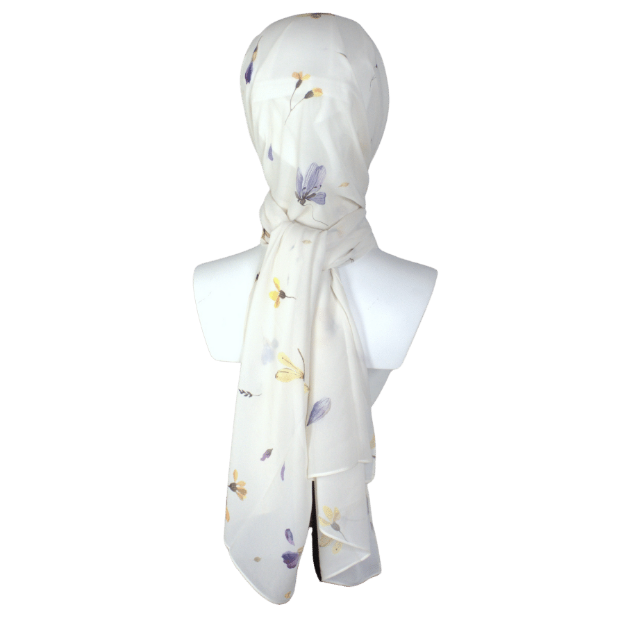 a delicate floral printed chiffon hijab, it's one-of-a- kind hijab for elegant hijabi musim women, for work and everyday.
