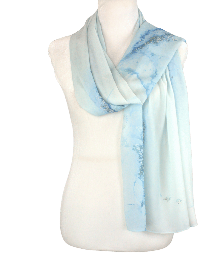 Fancy light blue designer print hijab headscarf for work and everyday. Ideal for summer and professional settings. Lina Zibdeh