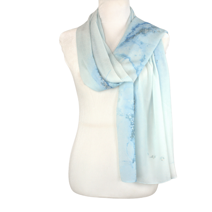 Fancy light blue designer print hijab headscarf for work and everyday. Ideal for summer and professional settings. Lina Zibdeh