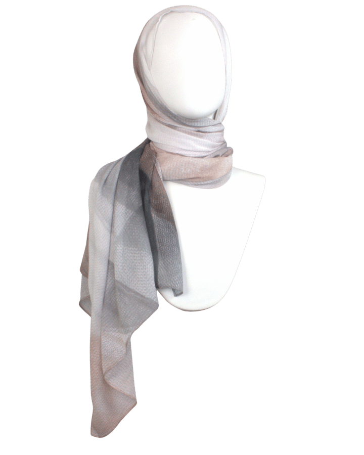 Front view Luxury neutral grey beige printed bamboo modal hijab scarf made from 100% bamboo, lightweight, non slip hijab for everyday | Lina Zibdeh