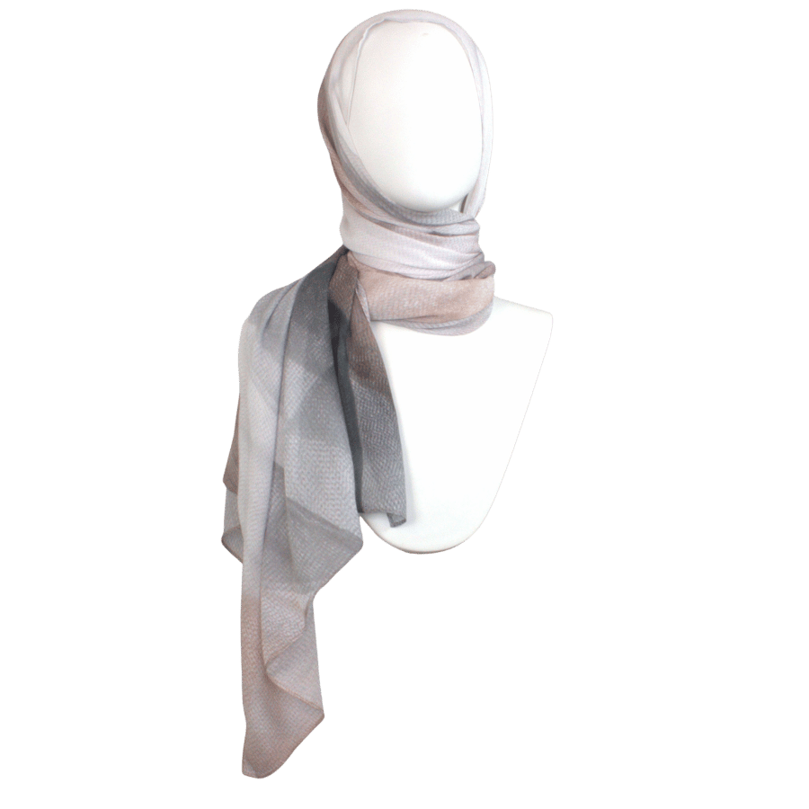 Front view Luxury neutral grey beige printed bamboo modal hijab scarf made from 100% bamboo, lightweight, non slip hijab for everyday | Lina Zibdeh