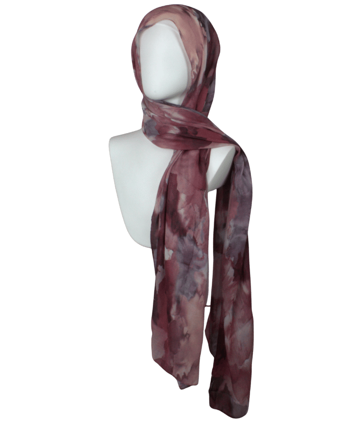 Maroon red and mauve watercolor printed bamboo modal hijab scarf for muslim women who want lightweight, non-slip and elegant hijabs. Ideal for warm weather and hot flashes | Lina Zibdeh