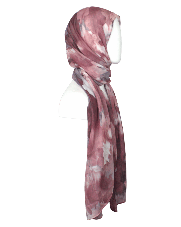 Maroon red watercolor printed bamboo modal hijab scarf for muslim women who want lightweight, non-slip and elegant hijabs. Ideal for warm weather and hot flashes | Lina Zibdeh