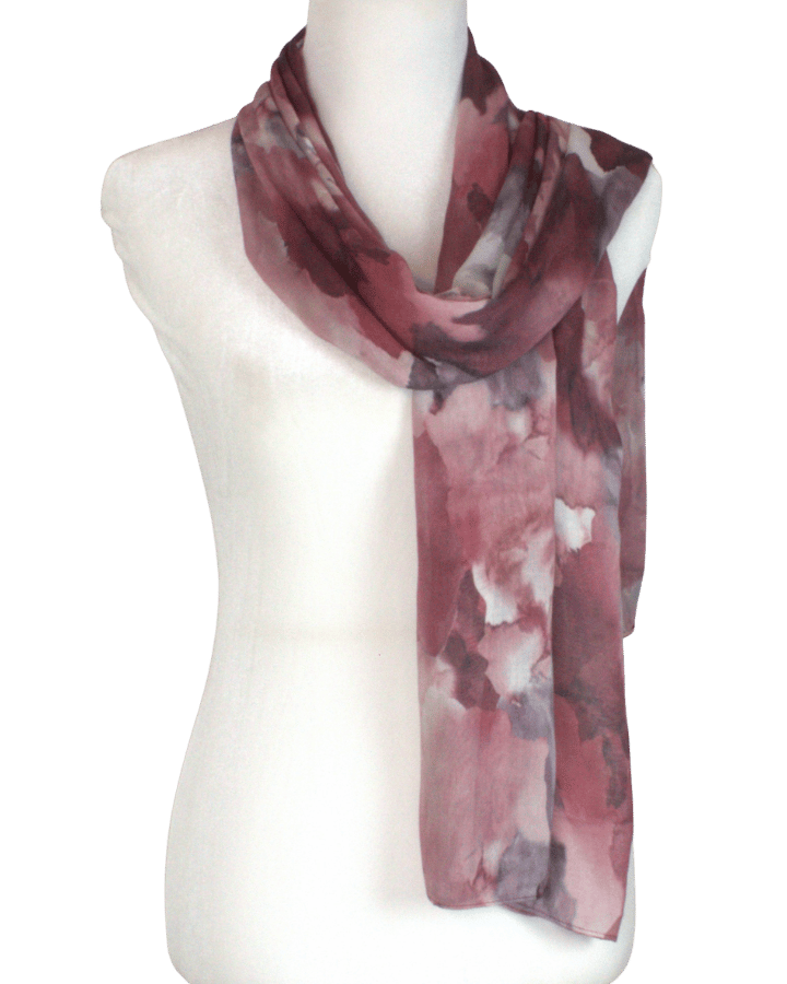 Premium fancy red printed bamboo modal hijab scarf in mauve grey and pink designer watercolor print | Lina Zibdeh