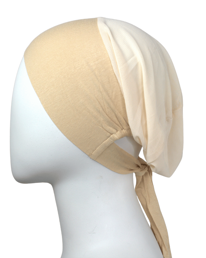 Beige Mesh tie-back under scarf for hijab, non-slip fit, designed for women with long hair, small head, ideal for work and daily wear | Lina Zibdeh
