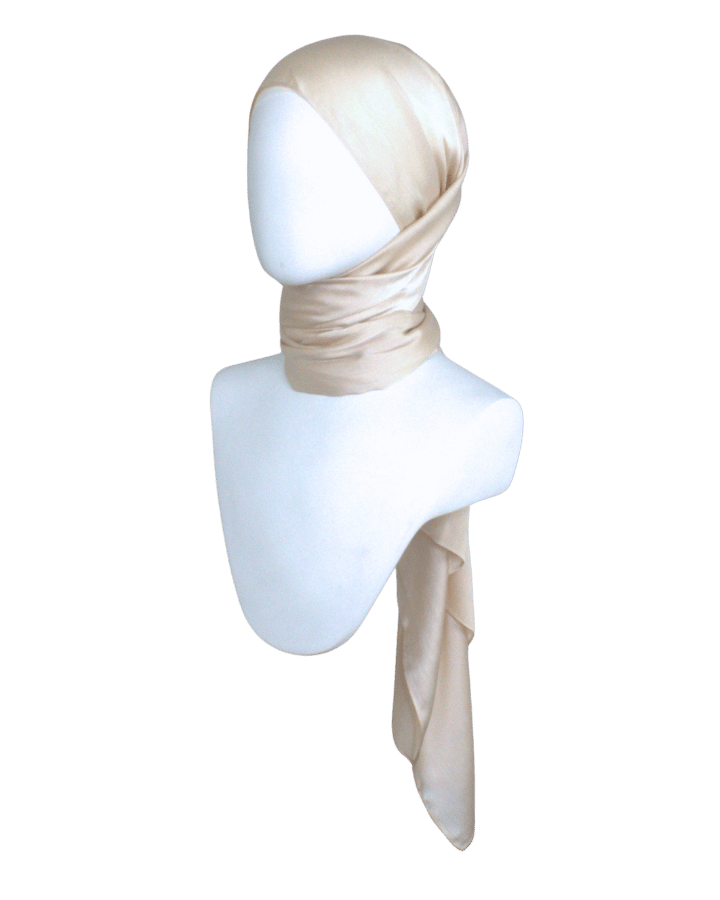 A fancy champagne pearl hijab scarf for your formal occasions and parties. This satin crinkle hijab has a better grip,  soft touch and nice drape | Lina Zibdeh