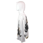 Elegant scarf with golden, black, and silver painted flowers on a soft white background.