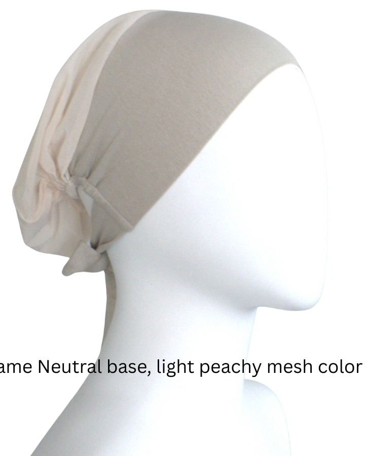 side view of our lightweight comfortable and adjustable mesh tie back hijab cap in neutral everyday color | Lina Zibdeh