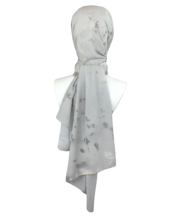 Fancy silver hijab scarf in textured chiffon with a perfect balance of matte and sheen to it, ideal for special occasions and work. A better grip, soft and easy to wrap. | Lina Zibdeh