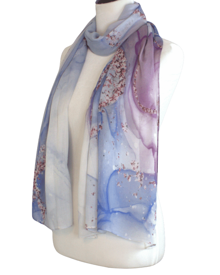 Exclusive printed bamboo hijab featuring twilight-inspired artistic waves. Ideal lightweight non-slip hijab for warm weather | Lina Zibdeh