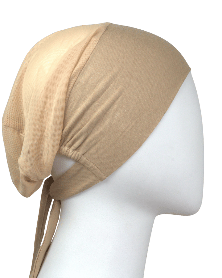Lightweight mesh tie-back hijab cap in tan beige color, breathable under scarf ideal for hot weather and women with long hair | Lina Zibdeh