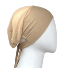 Lightweight mesh tie-back hijab cap in tan beige color, breathable under scarf ideal for hot weather and women with long hair | Lina Zibdeh