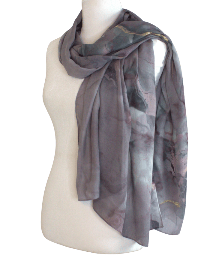 Purple violet gold and grey watercolor printed bamboo modal hijab, soft, non-slip, heat-friendly, perfect for women over 30 and 40, work, or gifting. | Lina Zibdeh