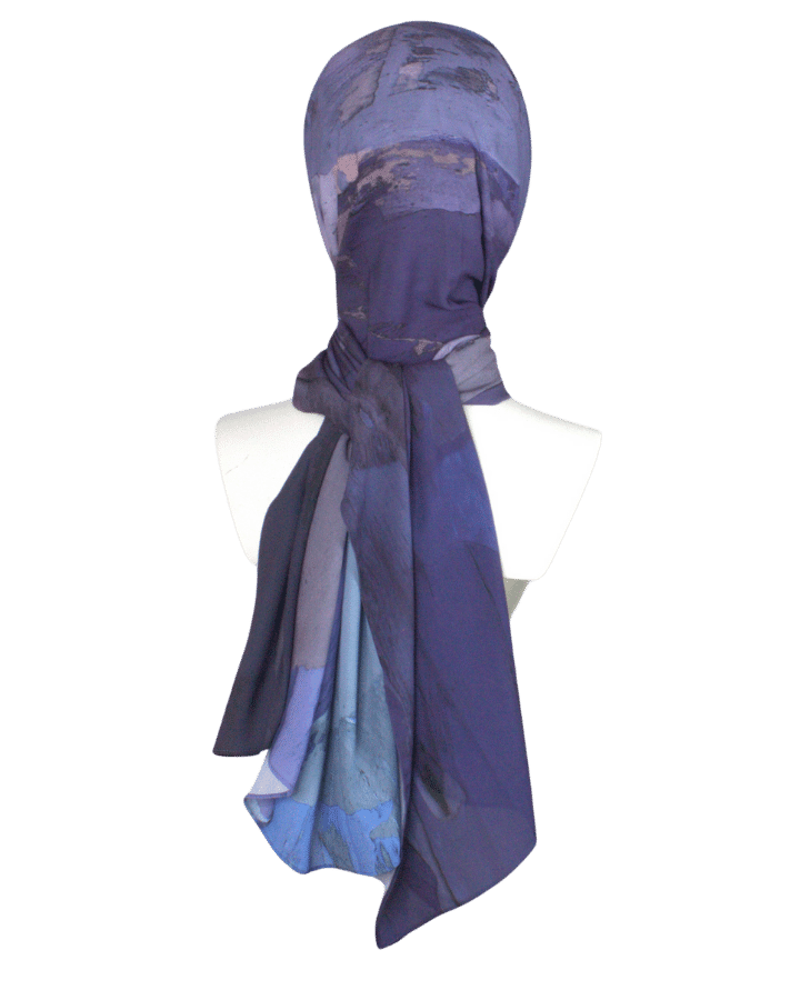 Watercolor hijab scarf in purple and mauve hues, designed as a luxury hijab suitable for work and outings | Lina Zibdeh