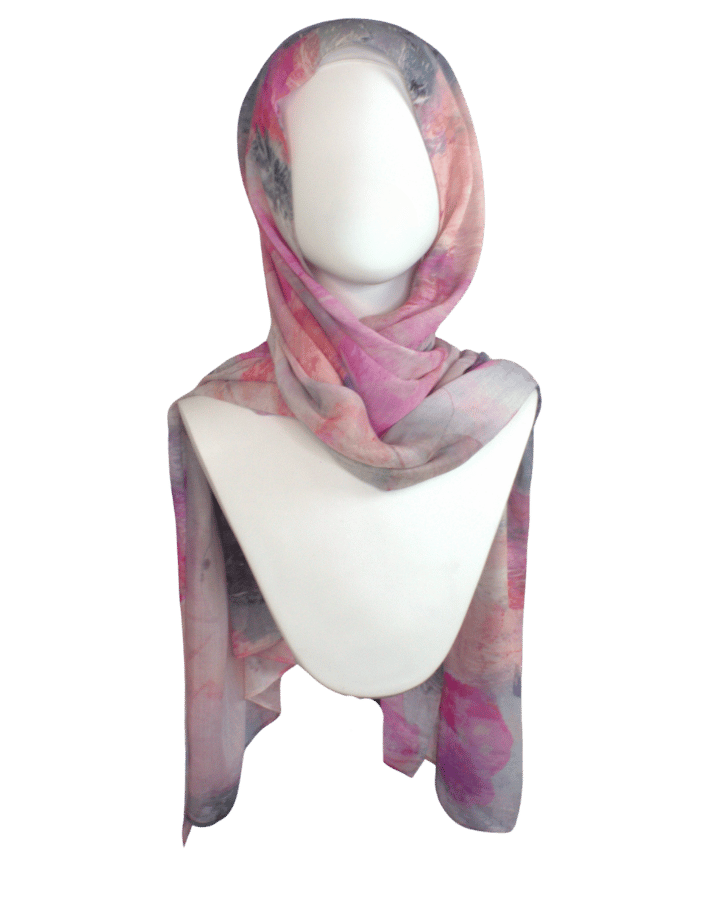Premium watercolor airbrushed floral bamboo modal hijab scarf in pink, blush and blue grey. Ideal for everyday and warm climates | Lina Zibdeh