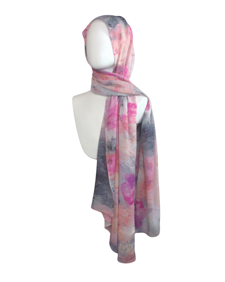 Side view Premium watercolor airbrushed floral bamboo modal hijab scarf in pink, blush and blue grey. Ideal for everyday and warm climates | Lina Zibdeh