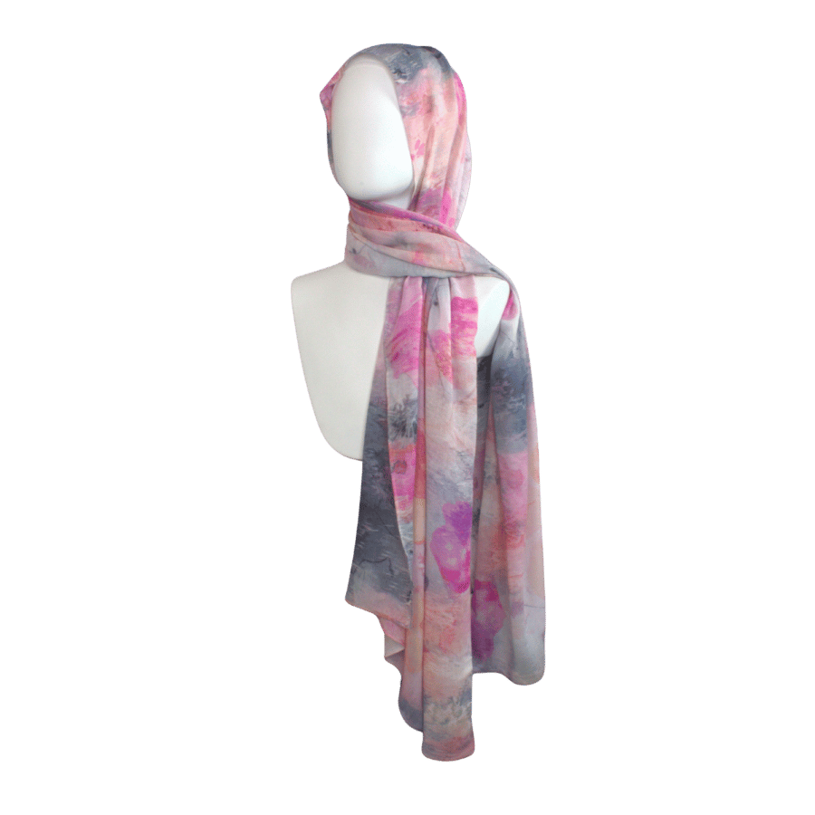 Side view Premium watercolor airbrushed floral bamboo modal hijab scarf in pink, blush and blue grey. Ideal for everyday and warm climates | Lina Zibdeh