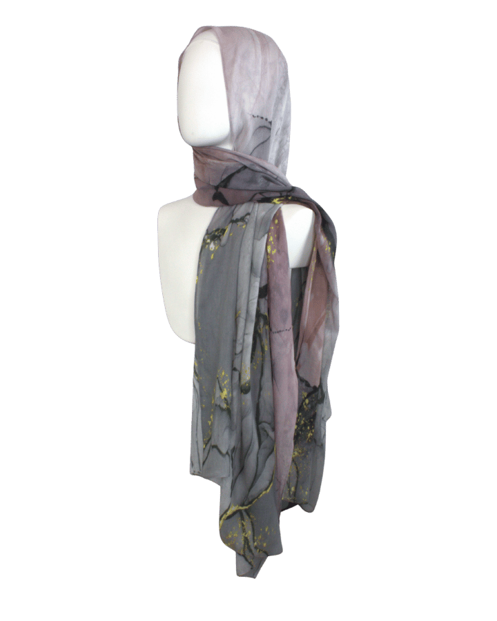 lightweight non-slip printed modal hijab in green, grey, blush and golden hues. Ideal for women over 30, for work, for menopause hot flashes. Lina Zibdeh