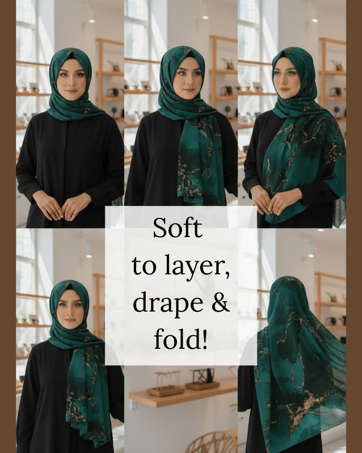Model wearing Emerald Majesty chiffon hijab styled for modest fashion and everyday elegance