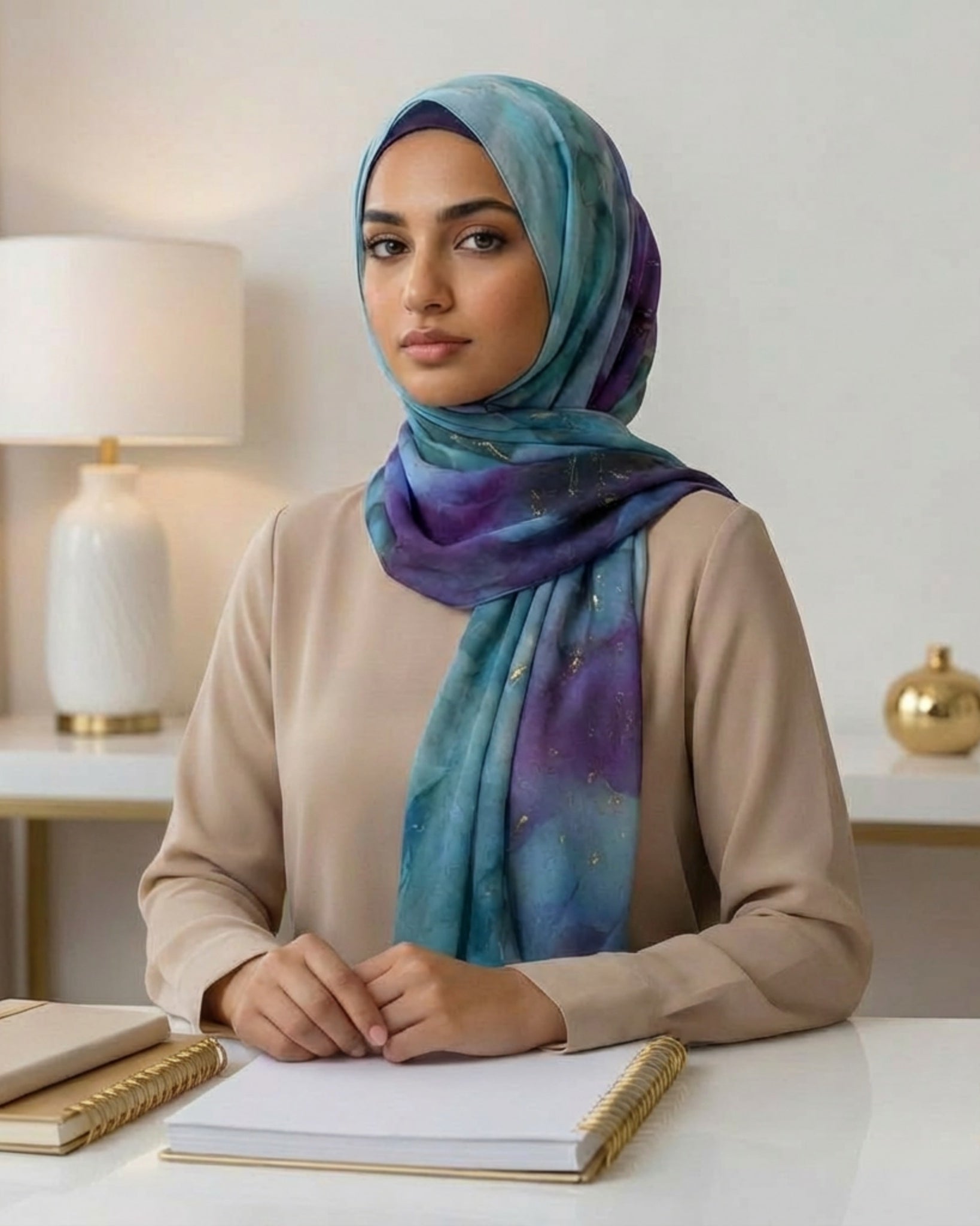 Model showcasing chiffon hijab in artistic watercolor print for work styling