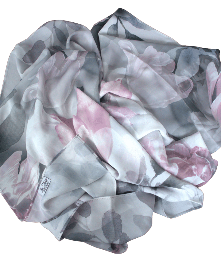 Versatile floral hijab in grey and pink for work, formal events, and everyday wear | Lina Zibdeh