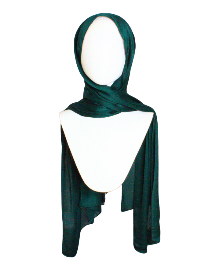 Dark green formal hijab scarf for fancy occasions | Emerald green satin hijab scarf muslim fashion | Lina Zibdeh