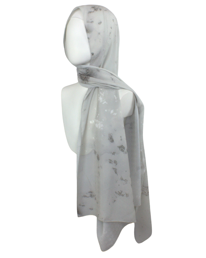 Designer silver hijab scarf in textured chiffon with a perfect balance of matte and sheen to it, ideal for special occasions and work. A better grip, soft and easy to wrap. | Lina Zibdeh