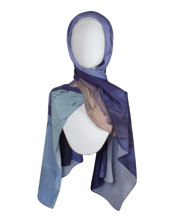 Watercolor hijab scarf in purple and mauve hues, designed as a luxury hijab suitable for work and outings | Lina Zibdeh