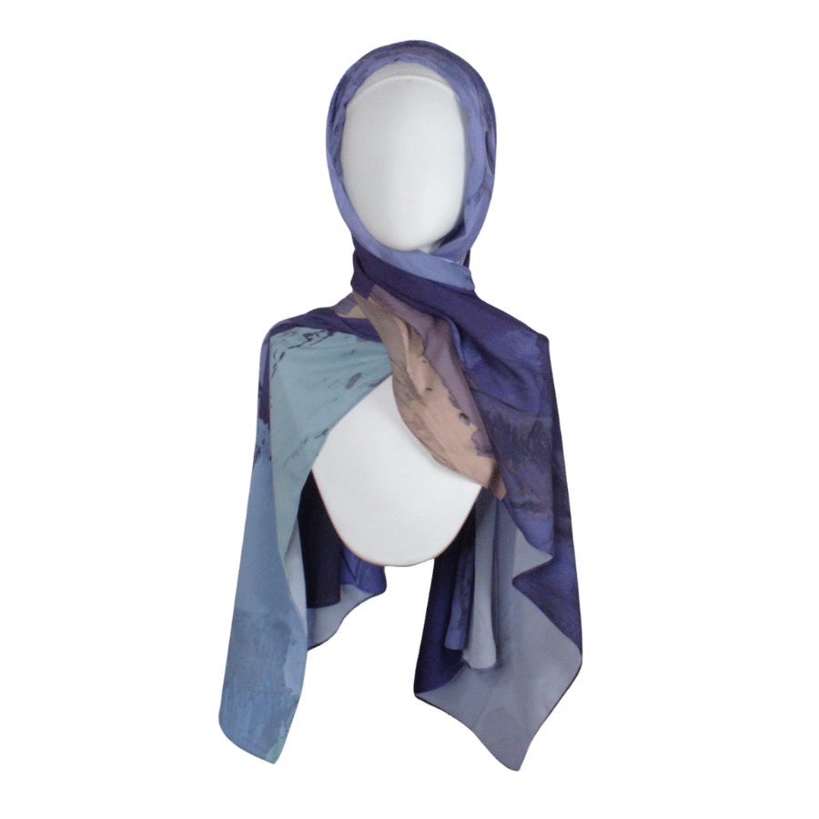 Watercolor hijab scarf in purple and mauve hues, designed as a luxury hijab suitable for work and outings | Lina Zibdeh