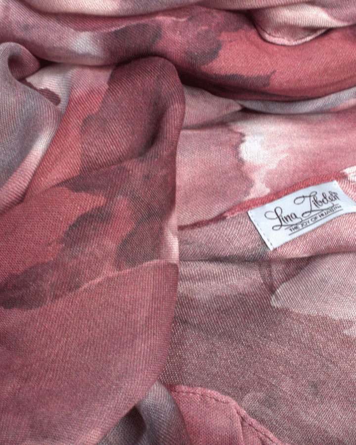 100% bamboo hijab scarf fabric, non-slip, designer print in red hues, ideal for all weather especially warm climates and hot flashes for muslim women menopause | Lina Zibdeh