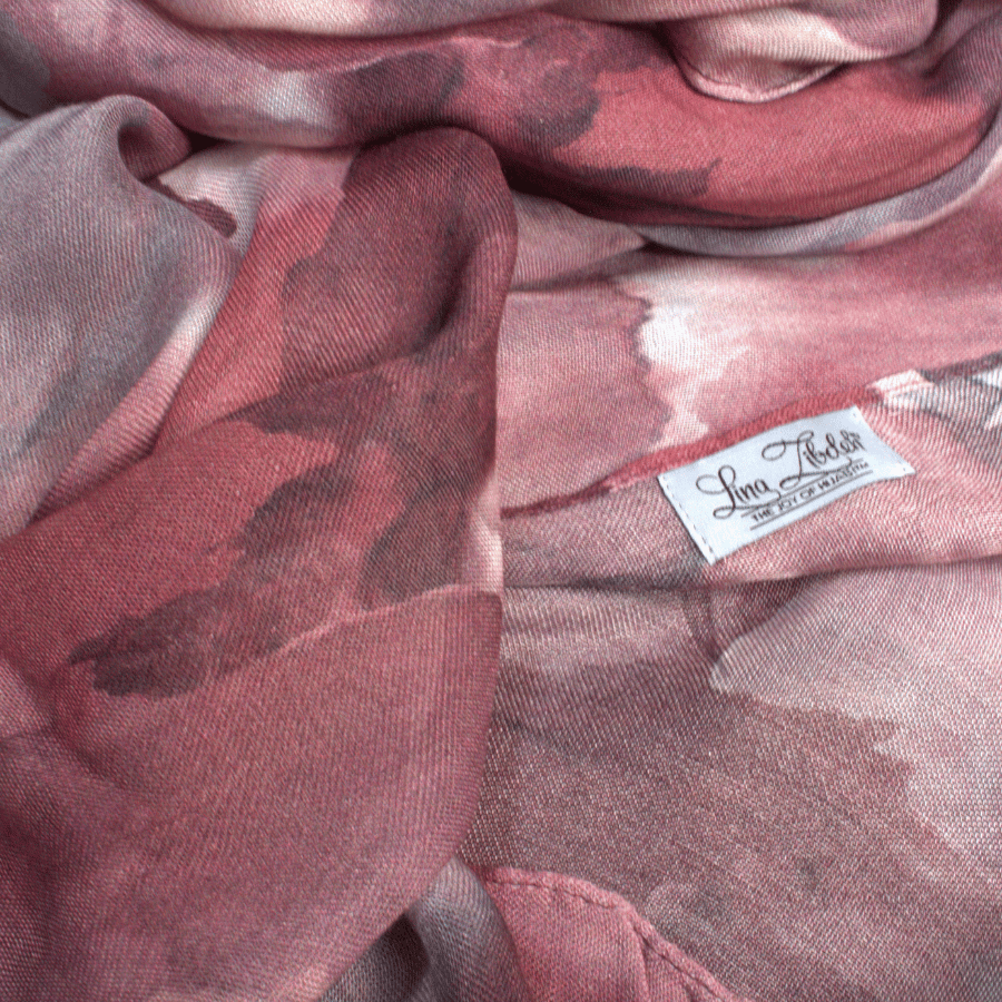 100% bamboo hijab scarf fabric, non-slip, designer print in red hues, ideal for all weather especially warm climates and hot flashes for muslim women menopause | Lina Zibdeh