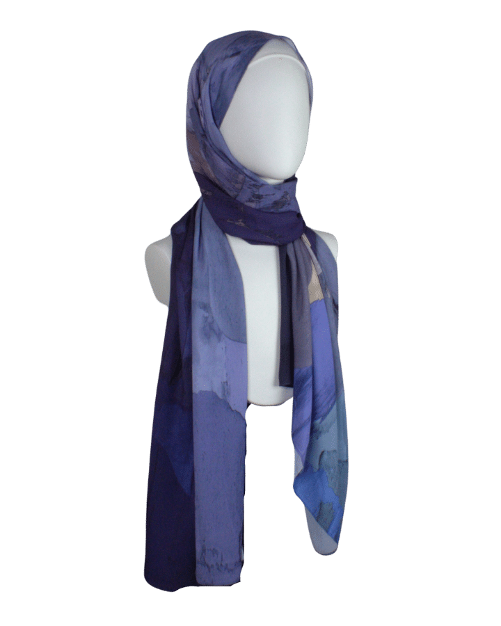 Watercolor hijab scarf in purple and mauve hues, designed as a luxury hijab suitable for work and outings | Lina Zibdeh