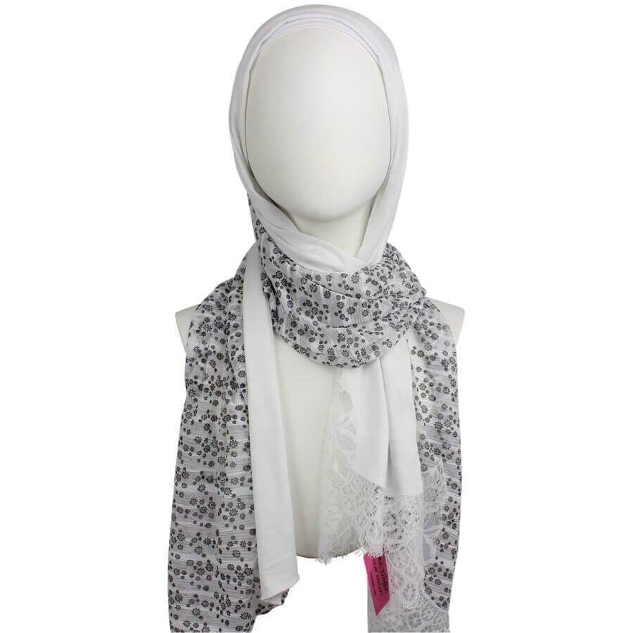 Kuwaiti Double Border  & Lace Ivory White Hijab